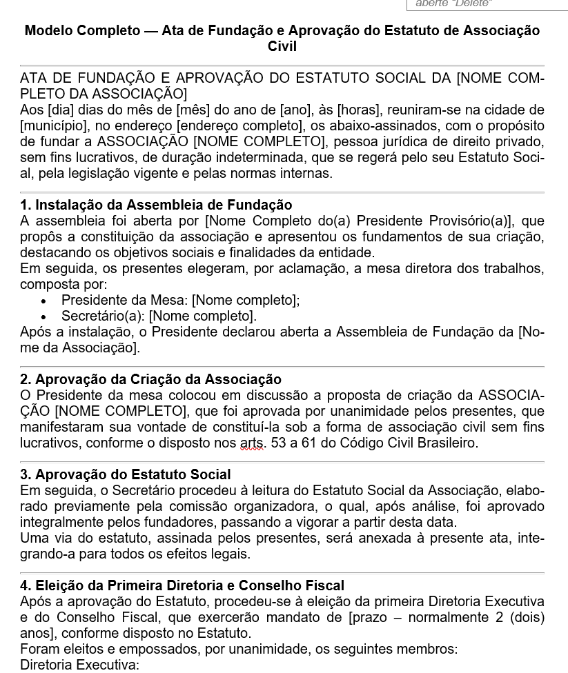 Modelo de Ata de Fundação e Aprovação do Estatuto de Associação Civil — Constituição, Eleição da Diretoria, Registro em Cartório e Conformidade Legal | Word Editável