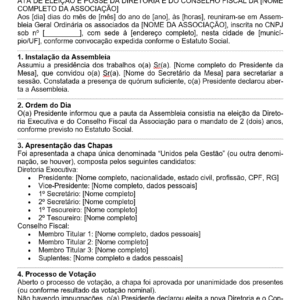 Modelo de Ata de Eleição e Posse da Diretoria – Mandato Bienal | Associação Civil, ONG ou Entidade Filantrópica | Documento Jurídico Editável em Word
