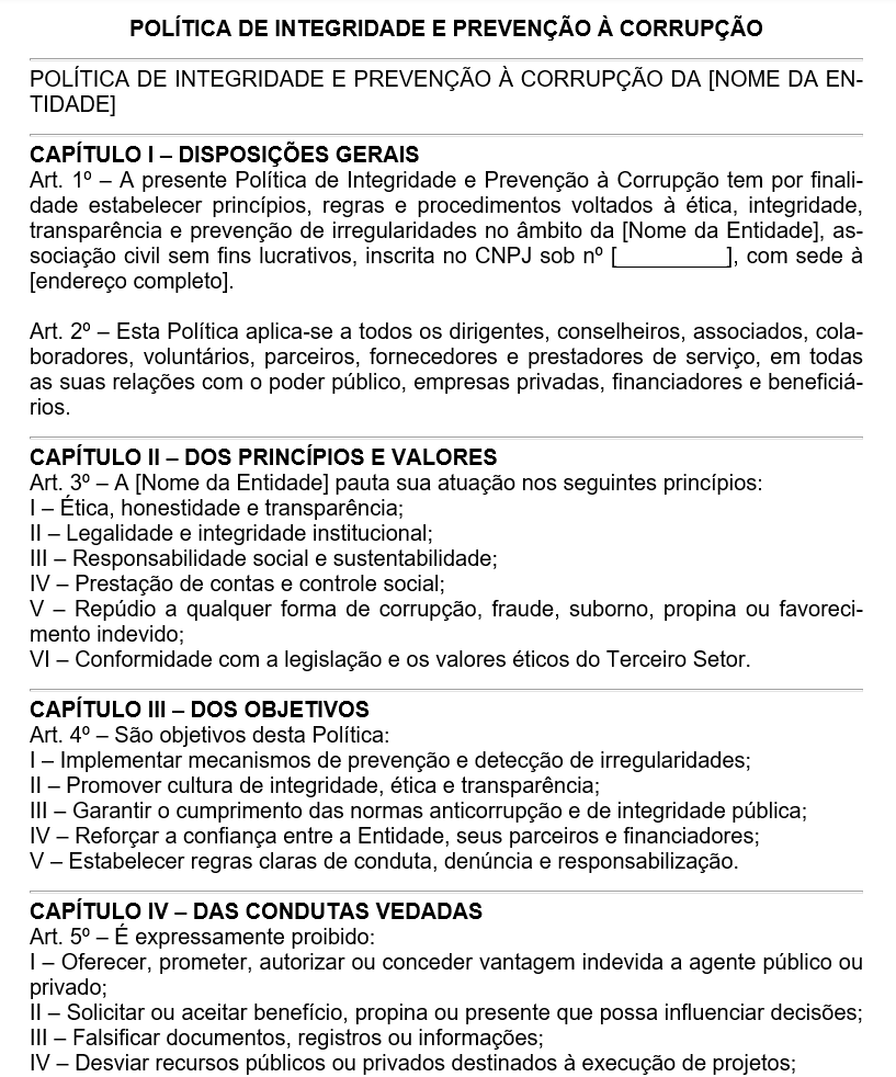 Modelo de Política de Integridade e Prevenção à Corrupção — Terceiro Setor, OSCs e Entidades Filantrópicas | Conformidade Legal e Boas Práticas de Governança | Word Editável