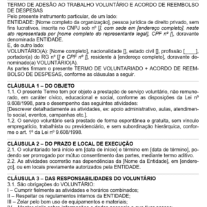 Modelo de Termo de Voluntariado + Acordo de Reembolso de Despesas — Conformidade Legal, Responsabilidades, Proteção de Dados e Prestação de Contas | Word Editável