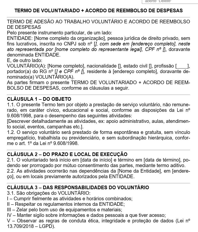 Modelo de Termo de Voluntariado + Acordo de Reembolso de Despesas — Conformidade Legal, Responsabilidades, Proteção de Dados e Prestação de Contas | Word Editável