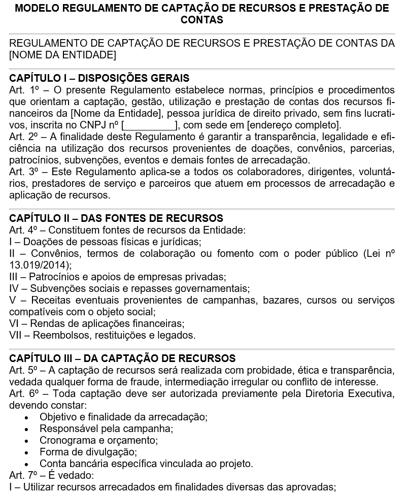 Modelo de Regulamento de Captação de Recursos e Prestação de Contas — Transparência, Governança, Parcerias e Compliance no Terceiro Setor | Word Editável