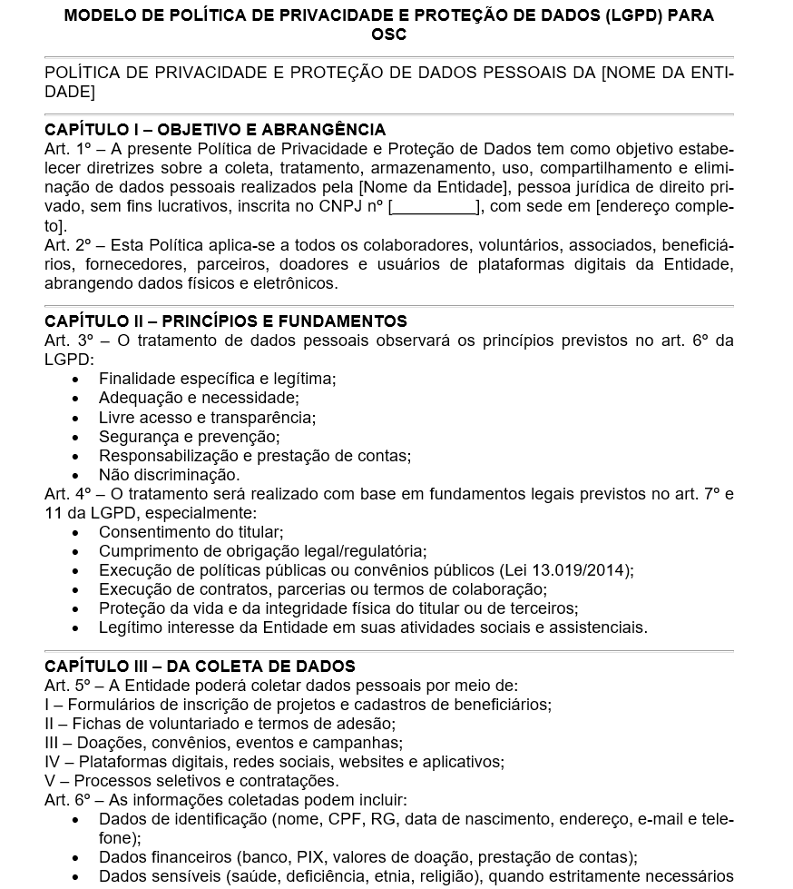Modelo de Política de Privacidade e Proteção de Dados (LGPD) para Organizações da Sociedade Civil — Coleta, Tratamento, Direitos dos Titulares e Segurança da Informação | Word Editável