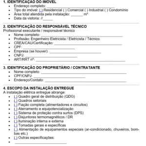 Modelo de Termo de Vistoria e Entrega de Instalação Elétrica — Conformidade Técnica, Segurança, Responsabilidade e ART | Word Editável