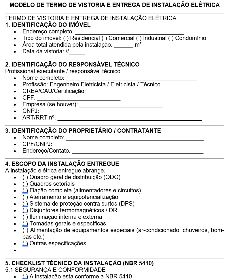 Modelo de Termo de Vistoria e Entrega de Instalação Elétrica — Conformidade Técnica, Segurança, Responsabilidade e ART | Word Editável