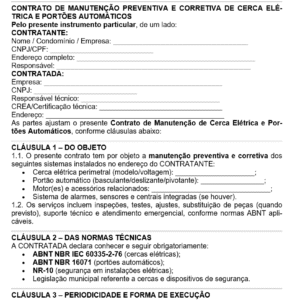 Modelo de Contrato de Manutenção de Cerca Elétrica e Portões Automáticos — Assistência Técnica, Responsabilidade, Garantias e Segurança | Word Editável