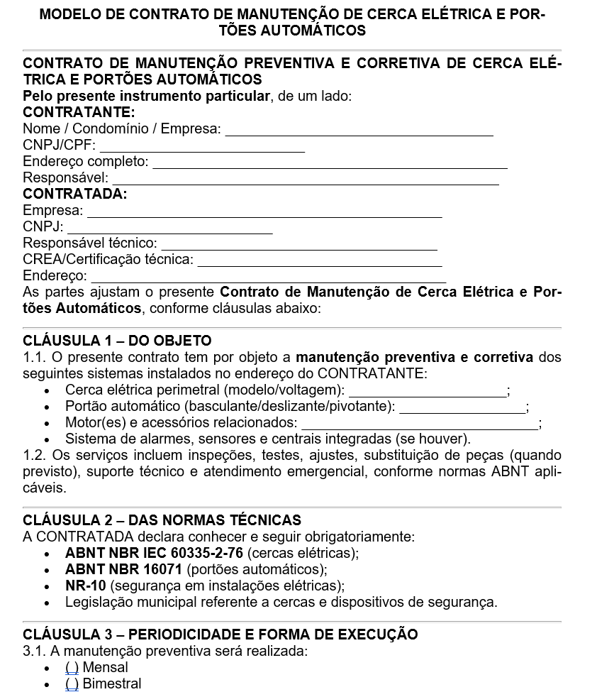 Modelo de Contrato de Manutenção de Cerca Elétrica e Portões Automáticos — Assistência Técnica, Responsabilidade, Garantias e Segurança | Word Editável