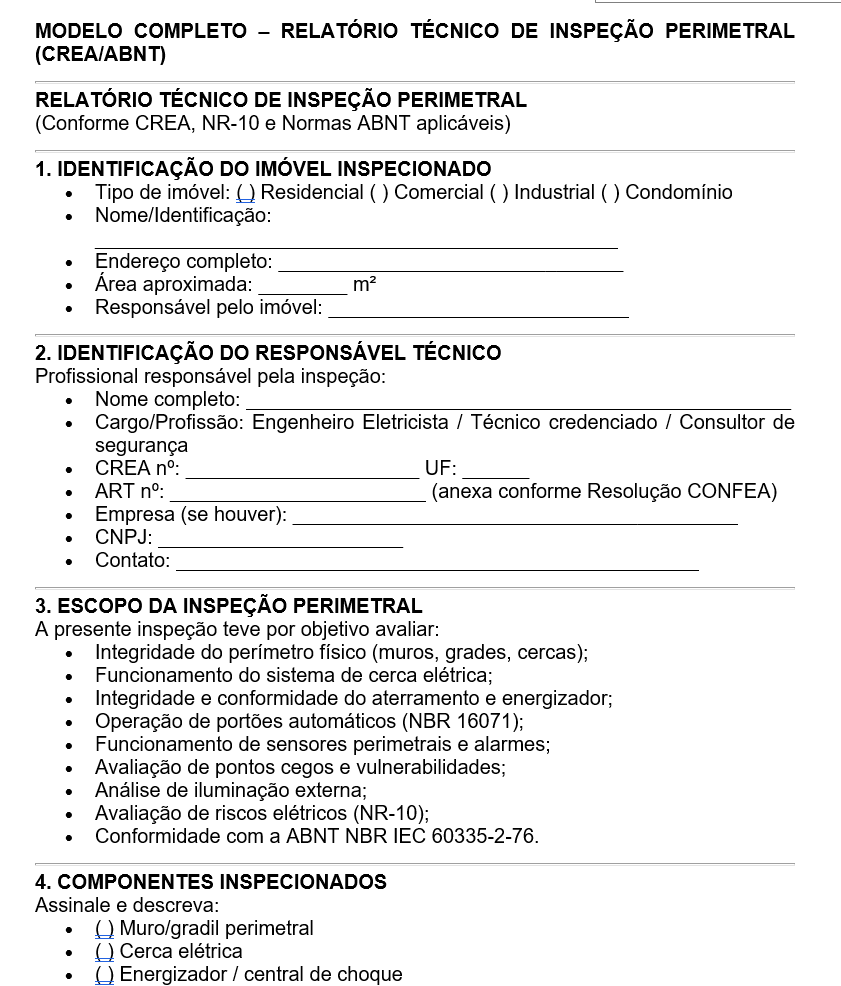 Modelo de Relatório Técnico de Inspeção Perimetral – CREA/ABNT | Vistoria de Cercas Elétricas, Portões, Alarmes e Sistemas de Segurança | Word Editável