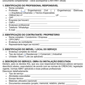 Modelo de Declaração de Responsabilidade Técnica (ART/RRT) — CREA/CAU, Obras, Instalações, Projetos e Serviços Técnicos | Word Editável