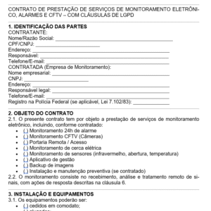 Modelo de Contrato de Prestação de Serviço de Monitoramento — Alarmes, CFTV, Portaria Remota e LGPD | Segurança Patrimonial | Word Editável