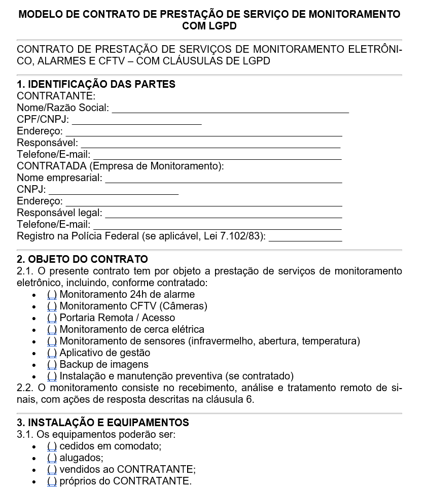 Modelo de Contrato de Prestação de Serviço de Monitoramento — Alarmes, CFTV, Portaria Remota e LGPD | Segurança Patrimonial | Word Editável